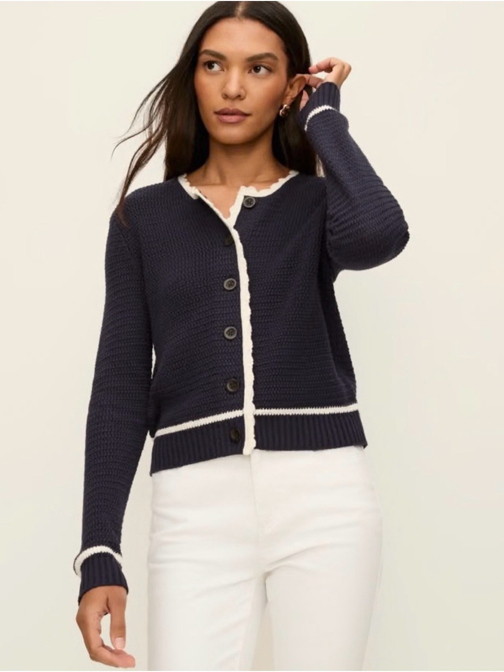 Ann Taylor Navy Blue and White Scallop Trim Knit Cardigan Sweater Size XS